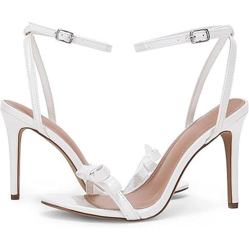 PiePieBuy Womens 7.5 White Bowknot Open Toe 4" Heel Ankle Strap Sandal Shoes