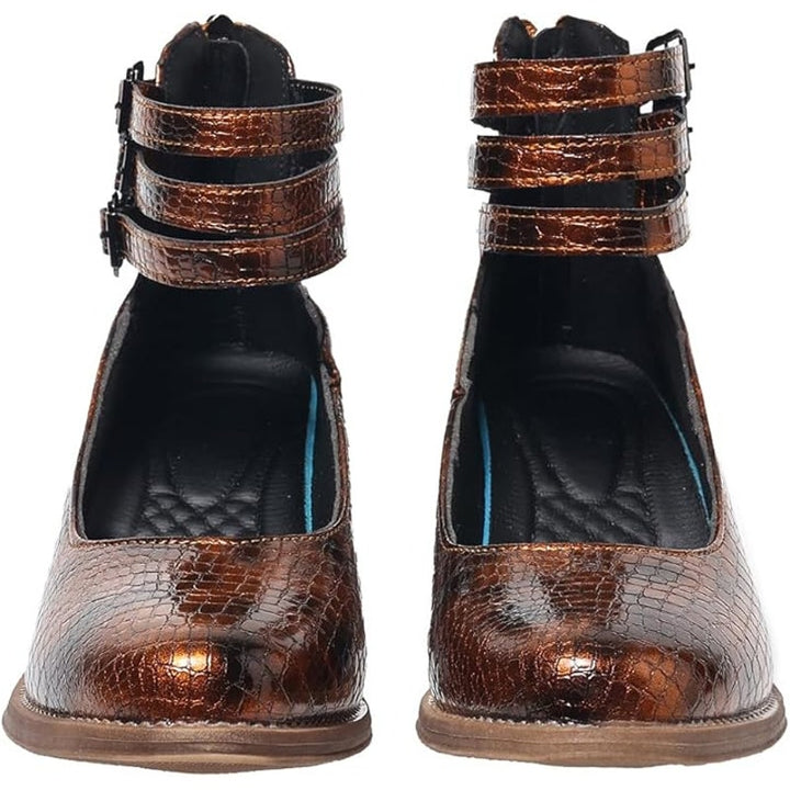 Womens Size 9.5 Copper Black Faux Snake Skin 2.5" Block Heel Mary Jane Shoes
