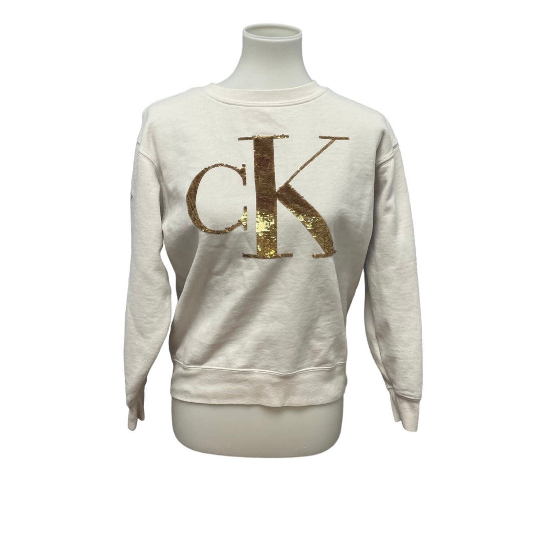 Calvin Klein Jeans Womens XS Gold Sequin CK Logo Cotton Blend Sweatshirt