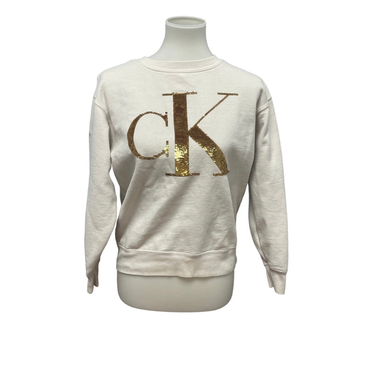 Calvin Klein Jeans Womens XS Gold Sequin CK Logo Cotton Blend Sweatshirt