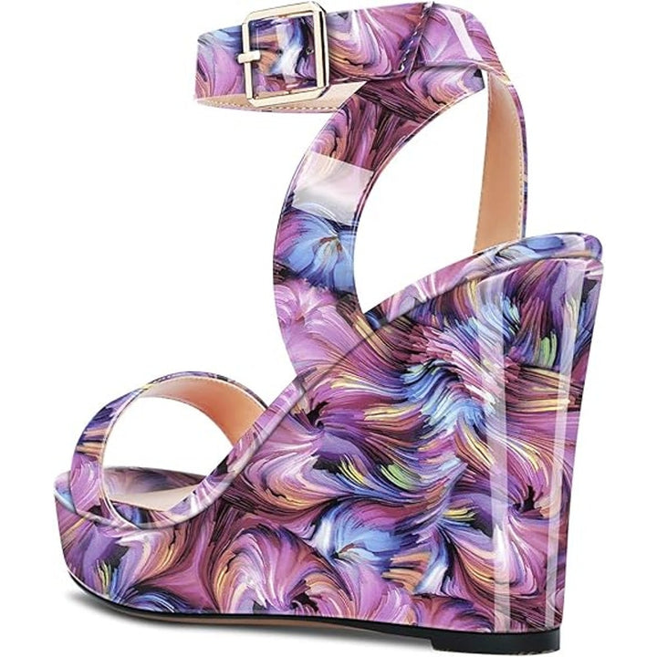 Aachcol Womens Size 9 Purple 4" Wedge Heel Open Round Toe Ankle Strap Shoes