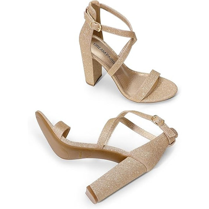 New Dream Pairs Womens 8.5 Gold Glitter 4" Block Heel Open Toe Ankle Strap Shoes
