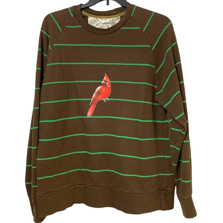 Upcycled Hand Printed Mens XL Red Cardinal Bird Striped Long Sleeve Sweatshirt