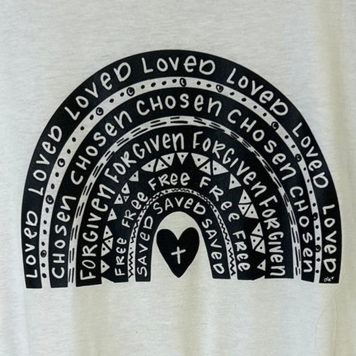 New Hand Printed Womens Large Jesus Loved Chosen Forgiven Free Rainbow Tee Shirt