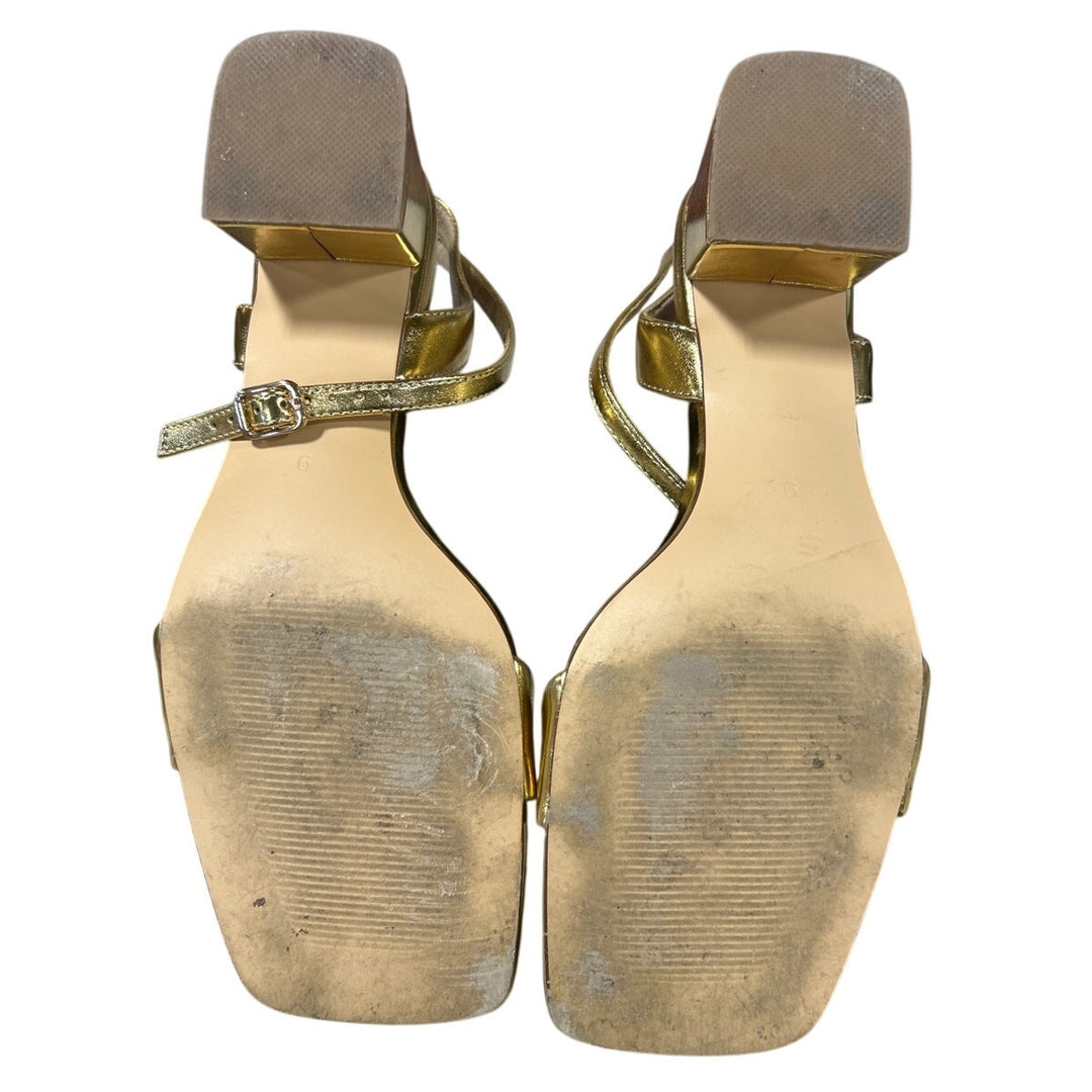 Teaieui Womens Size 9 Gold 2.25" Chunky Heel Open Square Toe Ankle Strap Shoes