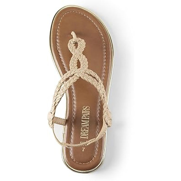 Dream Pairs Womens Size 8 Tan Gold Woven Elastic Heel Thong Flat Sandals Shoes