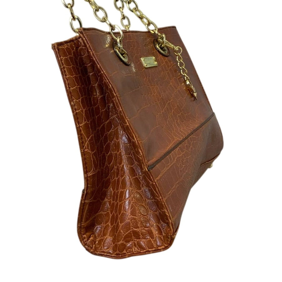 Anne Klein Faux Crocodile Brown Leather Handbag Purse Gold Chains Pockets