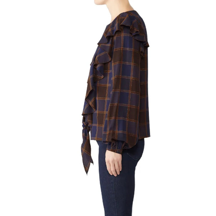 Nicole Miller Artelier Womens Medium Plaid Boyfriend Ruffle Long Sleeve Blouse