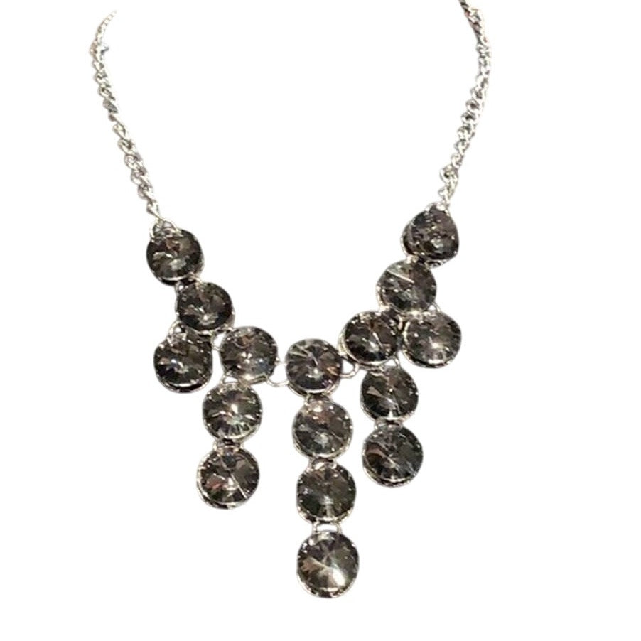 New Midnite Steel Gray Gem Waterfall Rhinestone Statement Fashion Necklace