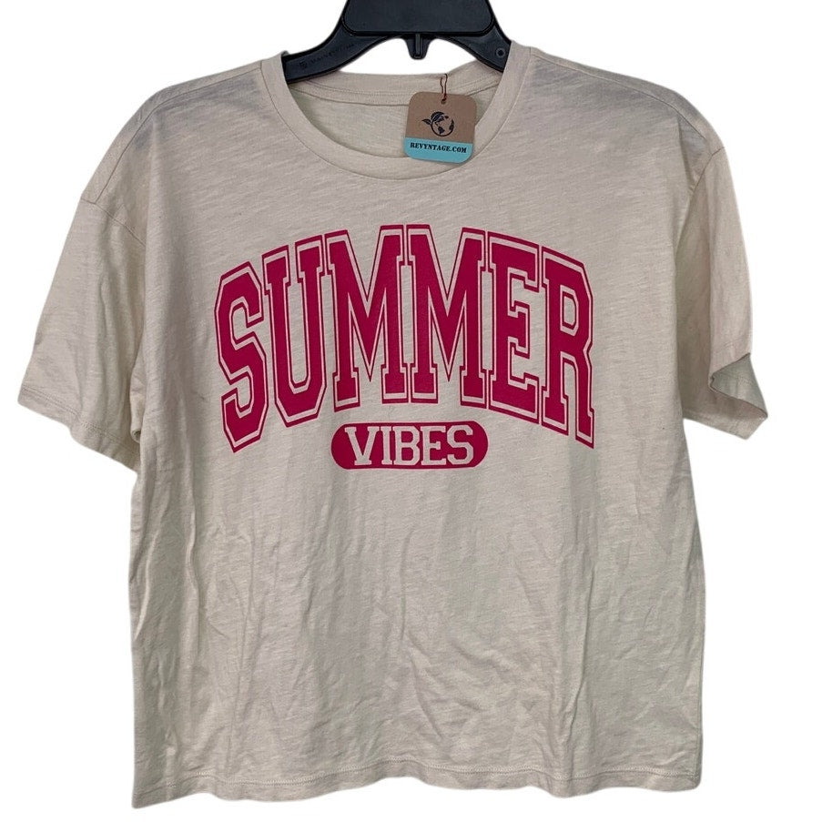 New Upcycled Hand Printed Womens Medium Summer Vibes Crew Neck Tee Shirt