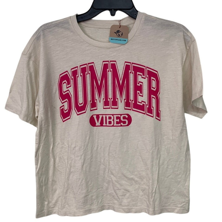 New Upcycled Hand Printed Womens Medium Summer Vibes Crew Neck Tee Shirt
