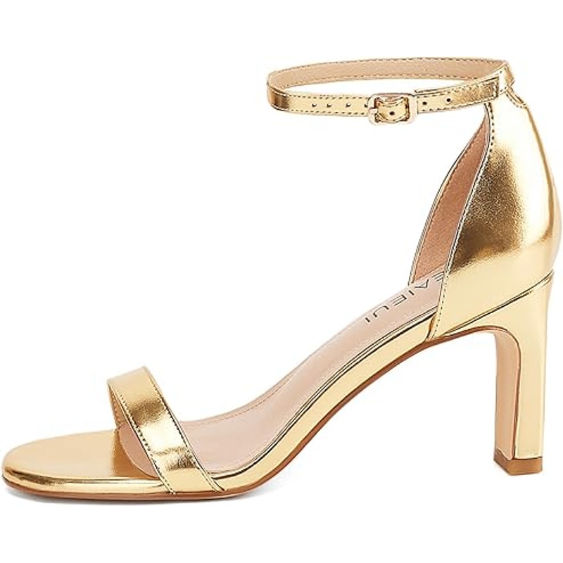 Teaieui Womens Size 6.5 Shiny Gold 3" Heel Open Toe Ankle Strap Sandal Shoes