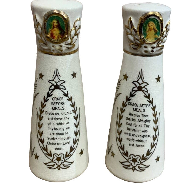 Vintage Japan Ceramic Jesus Mary Grace Before After Meals Salt Pepper Shaker Set