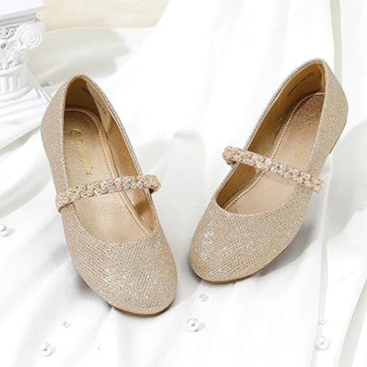 Dream Pairs Big Girls Size 4 Gold Glitter Beaded Mary Jane Ballet Flats Shoes