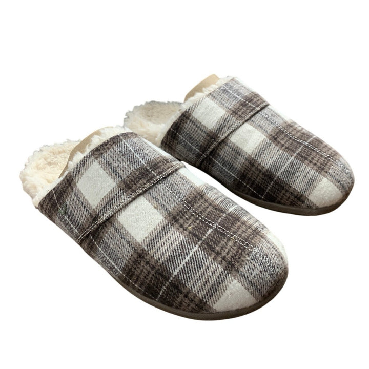 Vionic Mens Size 8 Brown White Plaid Memory Foam Slide On Mule Slippers Shoes