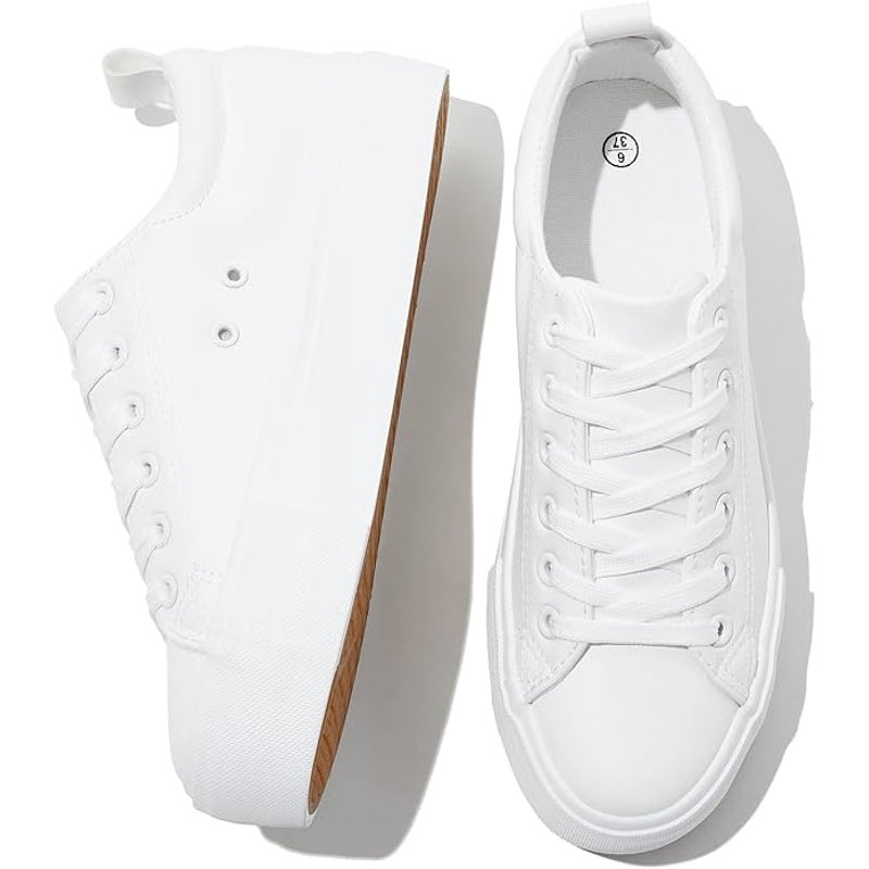 Sernial Womens Size 10 White Faux Leather Classic Lace Up Platform Walking Shoes