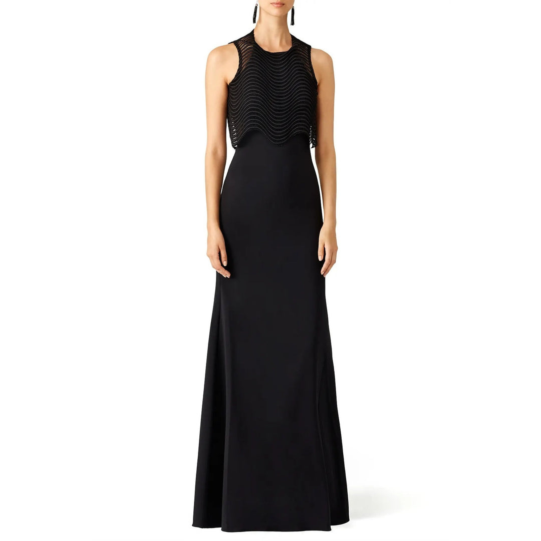 Badgley Mischka Size 12 Black Lace Jennifer Wave Popover Maxi Length Dress Gown