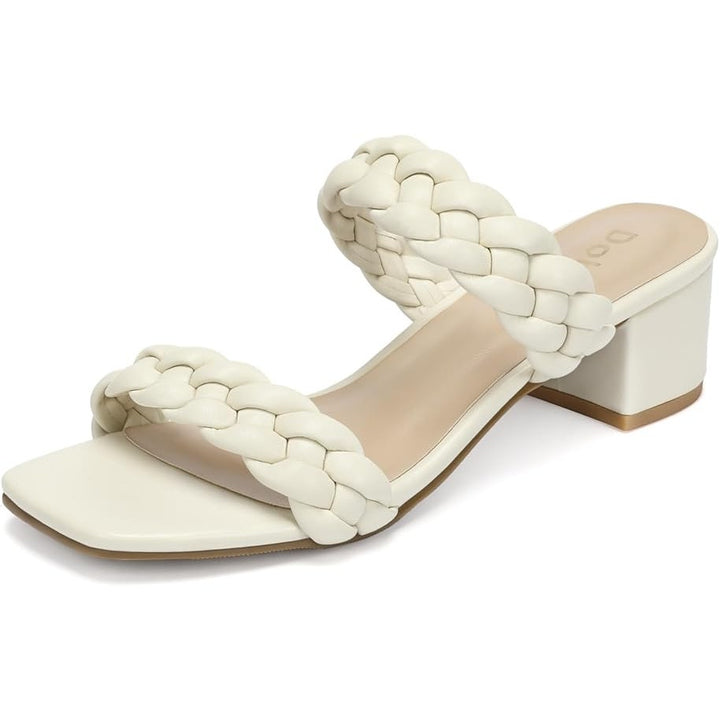 Dobolin Womens 7.5 White Braided Strap Short Chunky Heels Slip on Wedding Shoes