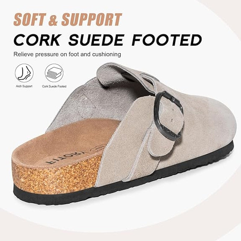 New Fitory Mens Size 10 Taupe Suede Arch Support Cork Mule Sandal Shoes w Flaw
