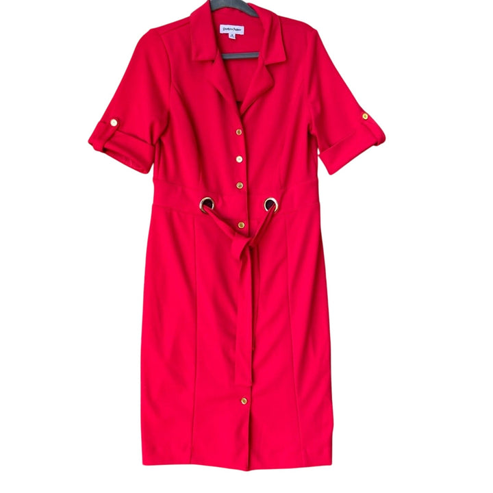 Shelby &amp; Palmer Womens Size 12 Red PolySpandex Gold Button Up Waist Tie Dress