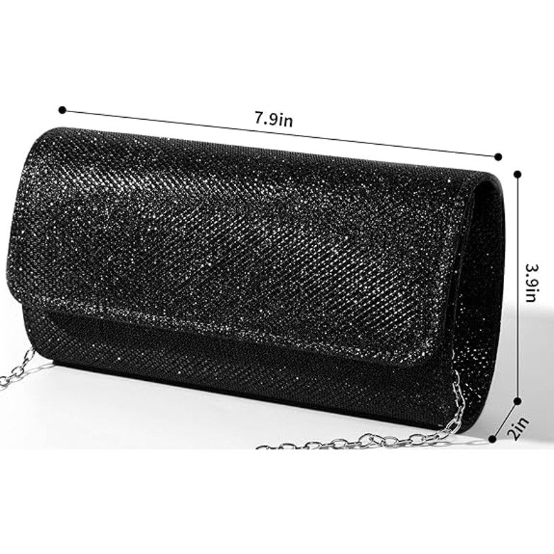 LovyoCoCo Black Silver Glitter Evening Clutch Purse Bag w Shoulder Chain