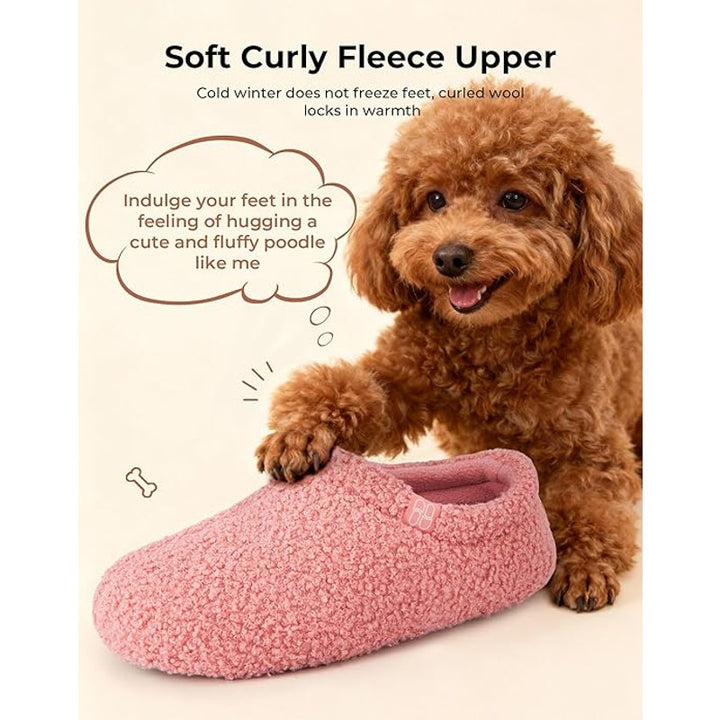 HomeTop Womens Size 8.5 Pink Fuzzy Curly Fur Memory Foam Warm Loafer Slippers