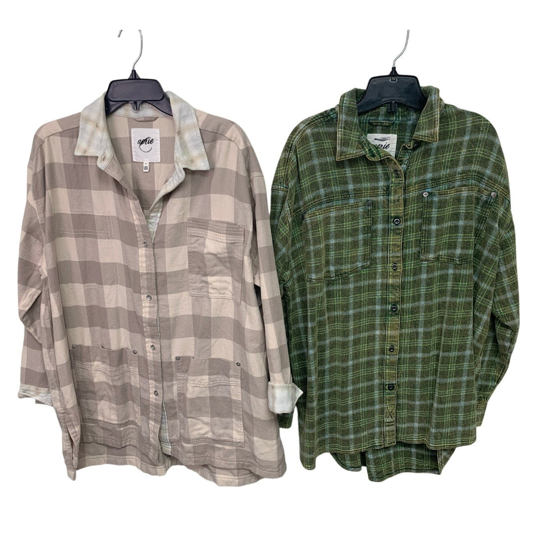 2 New Aerie Womens Small Flannel Plaid Long Sleeve Button Up Collared Shirts