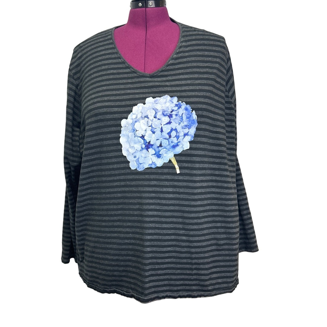 Hand Printed Upcycled Womens 5X Hydrangea Floral Striped Long Sleeve Tee Shirt
