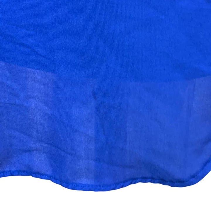 Womens Large Flowy Royal Blue Front Zip Long Sleeve Sheer Hi Low Top w Flaws