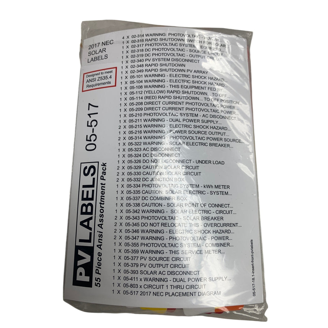 New In Package 55 Piece Ansi Assortment Pack 2017 NEC PV Solar Labels 05-517