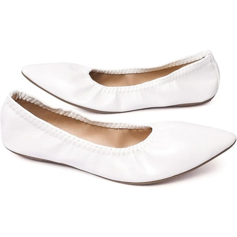 LM Women Size 7 White Faux Leather Elastic Pointy Toe Slide On Ballet Flat Shoes