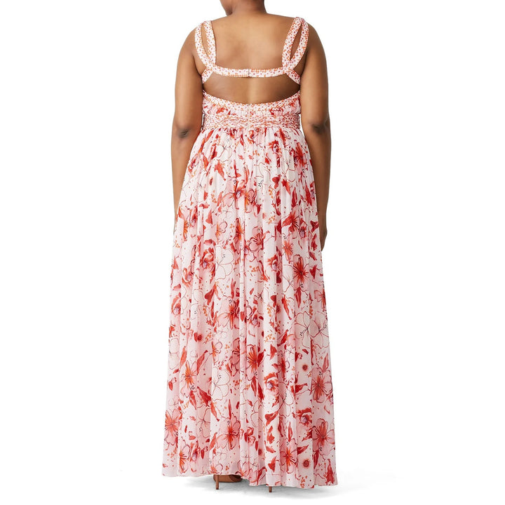 Badgley Mischka Size 16 Pink Floral Cris Cross Back Deep V Flowy Maxi Dress Gown