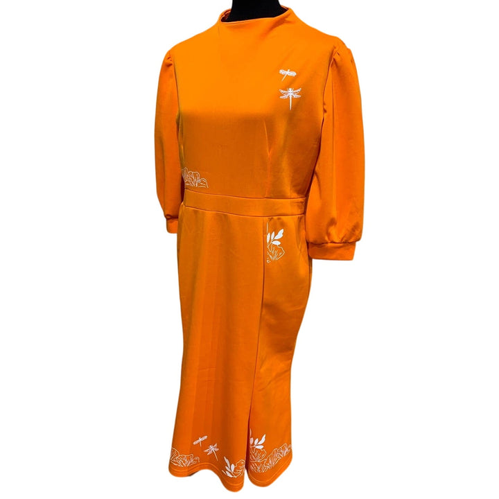 Vintage Hand Printed XL Dragonfly Long Sleeve Polyester Orange Flutter Hem Dress