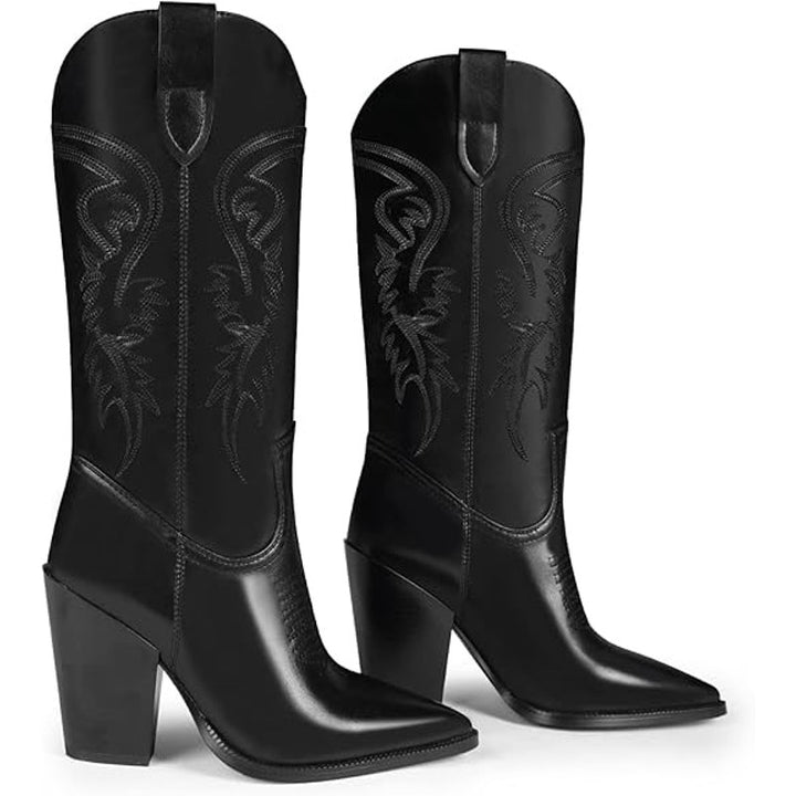 Isnom Womens Size 7 Black Embroidered Faux Leather Wide Calf Cowboy Boots