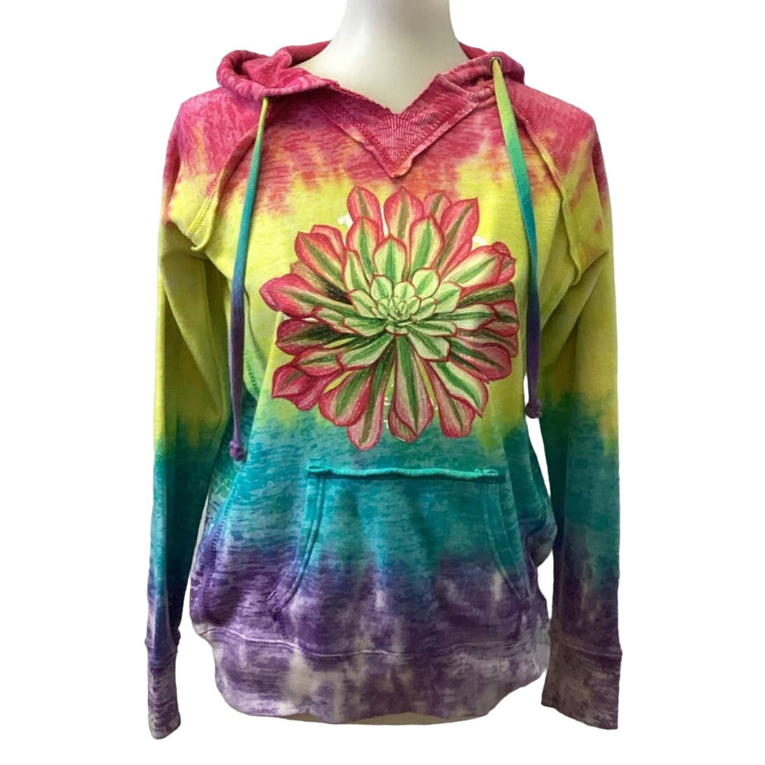 Hand Printed Upcycled Small Pink Succulent Cactus Tie Dye Lightweight Hoodie