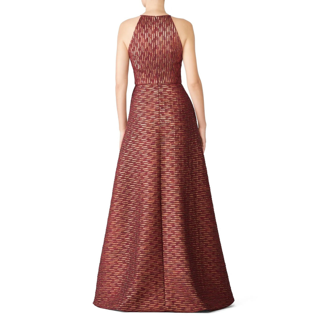 Badgley Mischka 18 Tall Ruby Metallic Gold Hi Low Leg Slit Halter Dress Gown