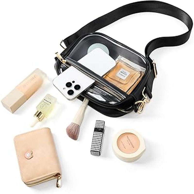 New Fibrdoo Black Faux Leather Trim Clear Stadium Approved Crossbody Purse Bag