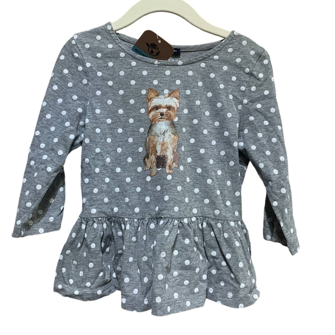 Hand Printed Upcycled Girls XS 4-5 Yorshire Terrier Yorkie Puppy Dog Ruffled Top