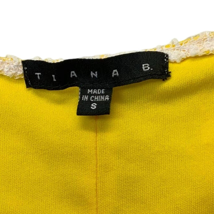Tiana B Womens Small Short Sleeve Body Con Yellow Dress White Crochet Overlay