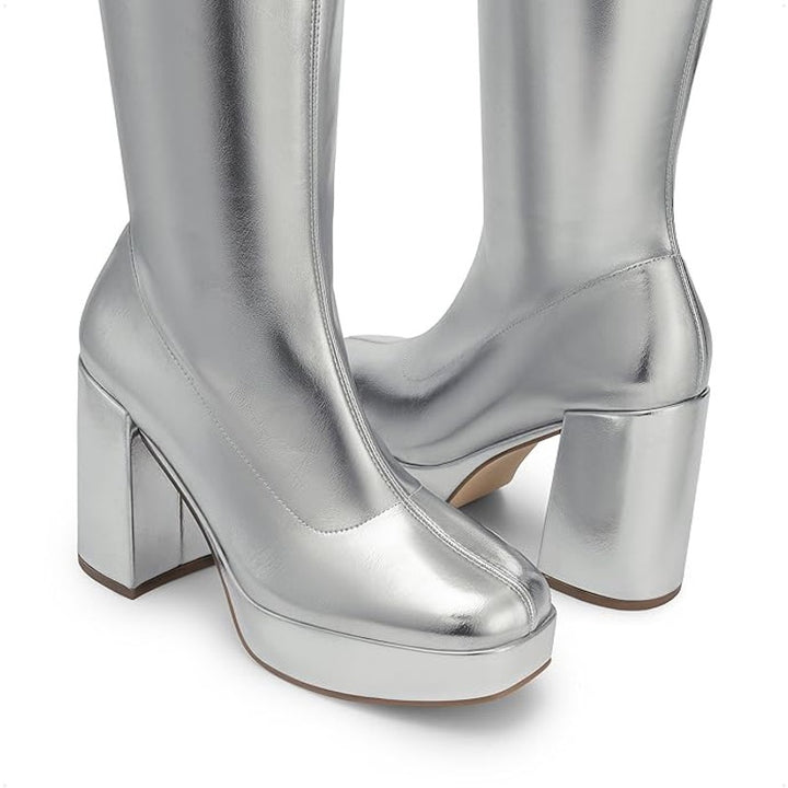 Dream Pairs Womens Size 8 Shiny Silver Zip 4" Platform Heel Knee High Gogo Boots