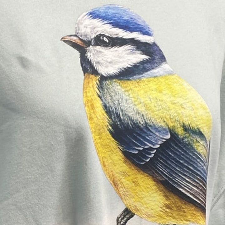 Hand Printed Upcycled Womens Small Jegging Fit Yellow Blue Wild Bird Sweatshirt
