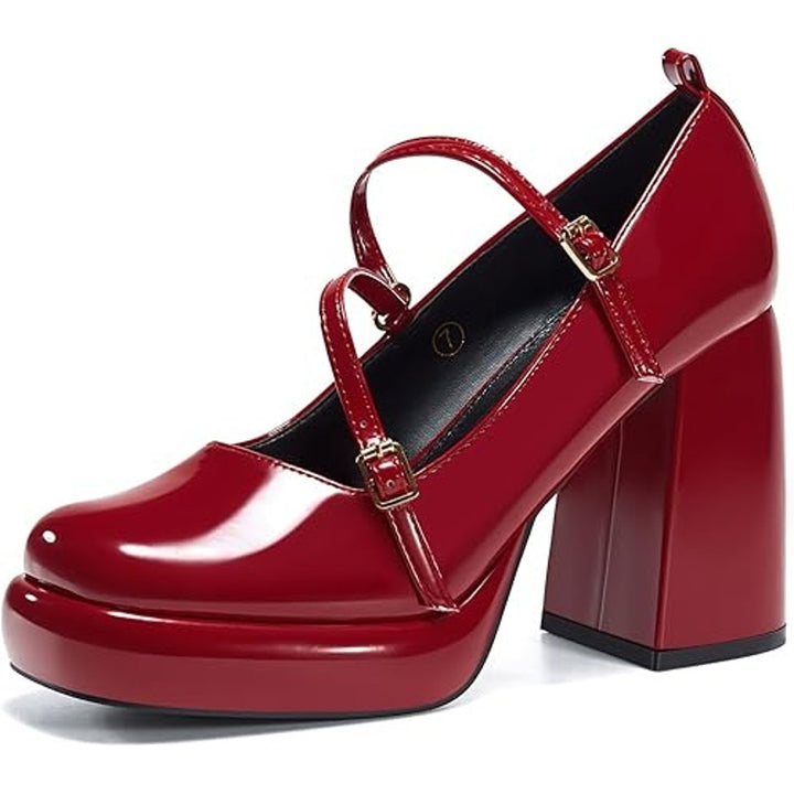 Coutgo Womens 7.5 Shiny Red 4" Chunky Heel Platform Mary Jane Closed Toe Shoes