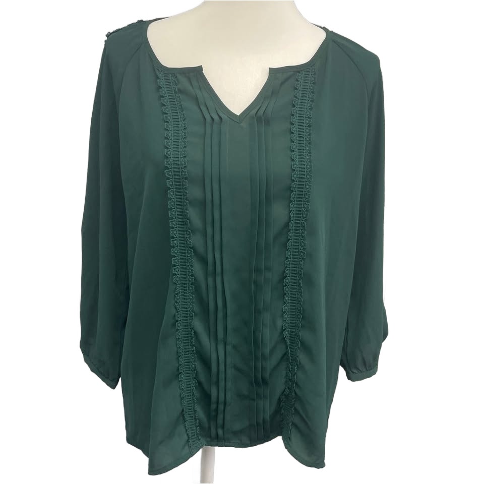 41 Hawthorne Womens Large Green Sheer Long Sleeve Lace Shoulder Striped Top