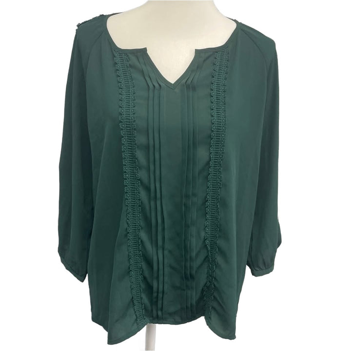 41 Hawthorne Womens Large Green Sheer Long Sleeve Lace Shoulder Striped Top