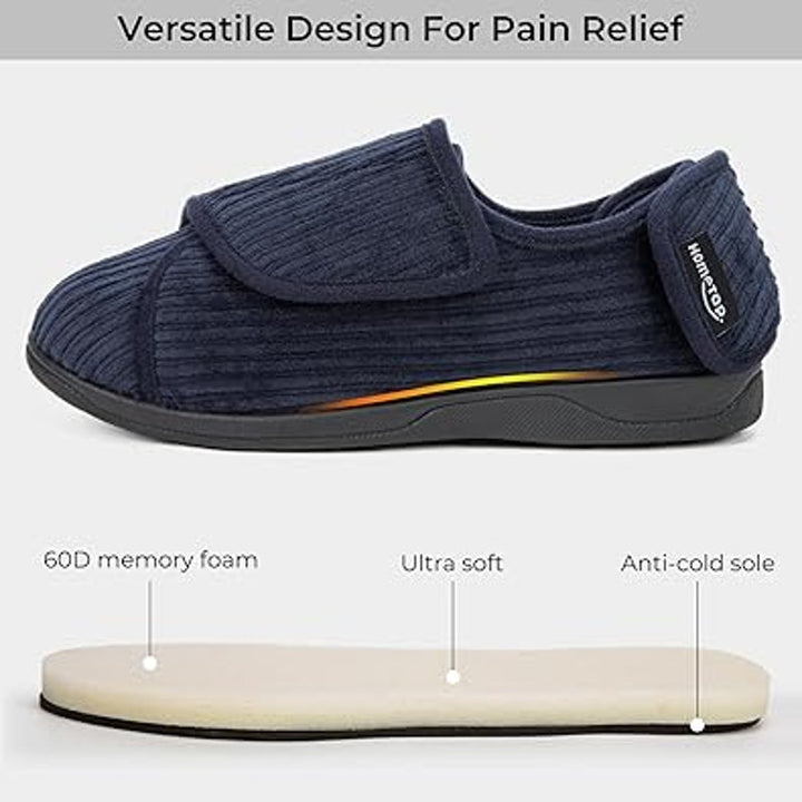 HomeTop Womens Size 10 Navy Blue Corduroy Adjustable Hook Loop Diabetic Slippers