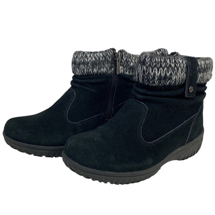 Khombu Womens 6 Black Ankle All Weather Boots Suede Round Toe Knit Top Shoes