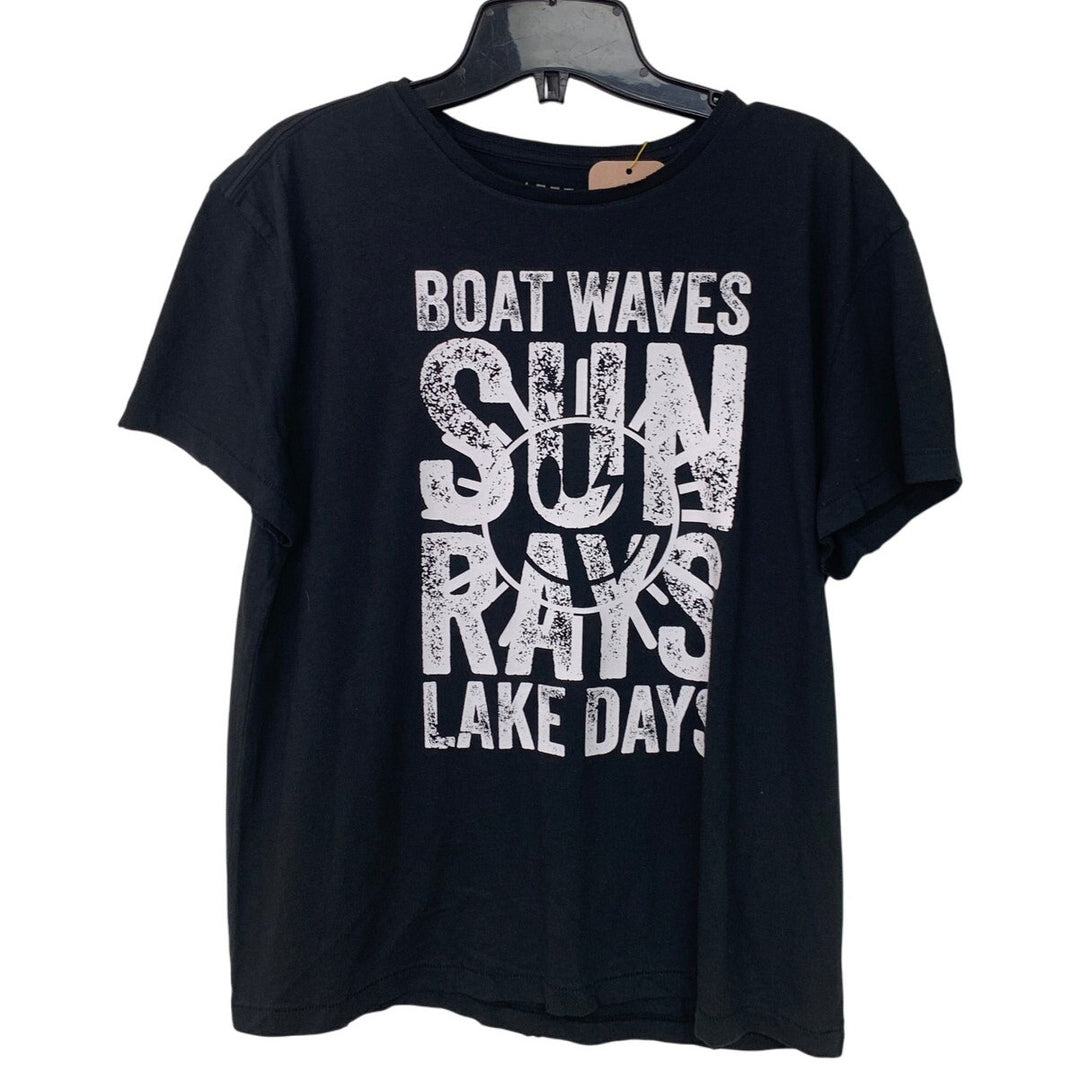 New Upcycled Hand Printed Womens Medium Boat Waves Sun Rays Lake Days Tee Shirt