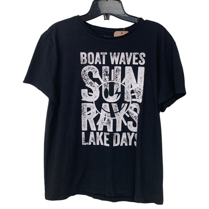 New Upcycled Hand Printed Womens Medium Boat Waves Sun Rays Lake Days Tee Shirt