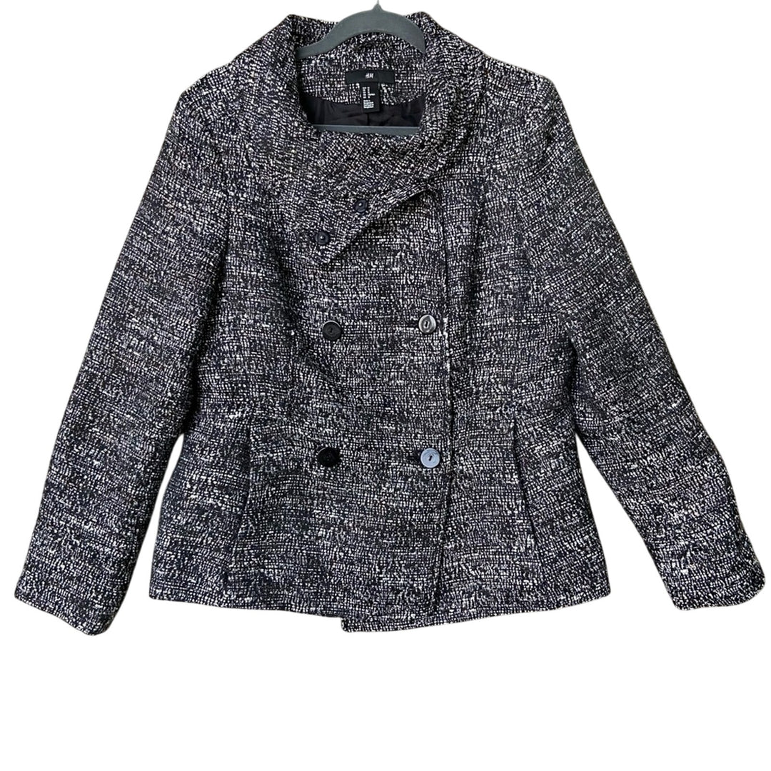 H &amp; M Womens Size 12 Black White Double Breasted Fully Lined Polyester Pea Coat