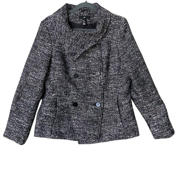H &amp; M Womens Size 12 Black White Double Breasted Fully Lined Polyester Pea Coat
